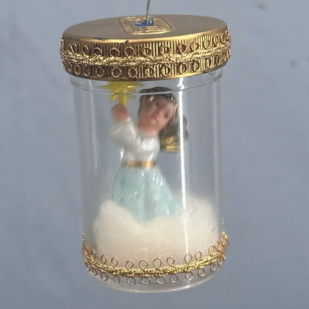VTG Handmade Baby Angel Pill Bottle Ornament Set 3 Plastic Diorama Gold Trim 50s